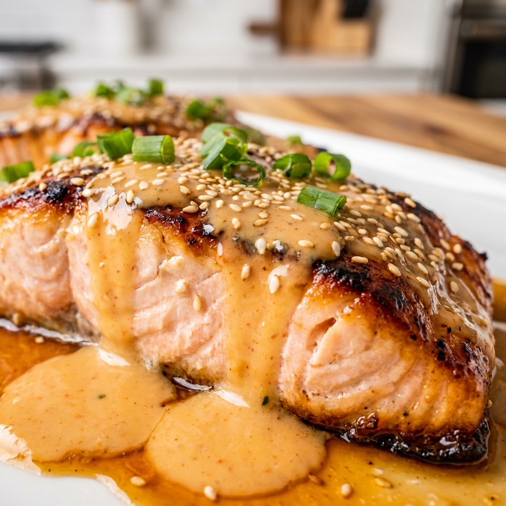 Brushing bang bang sauce onto baked salmon fillets