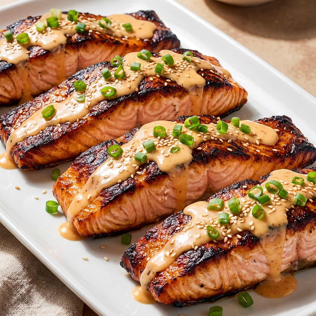 Golden Baked Bang Bang Salmon topped with sesame seeds and scallions
