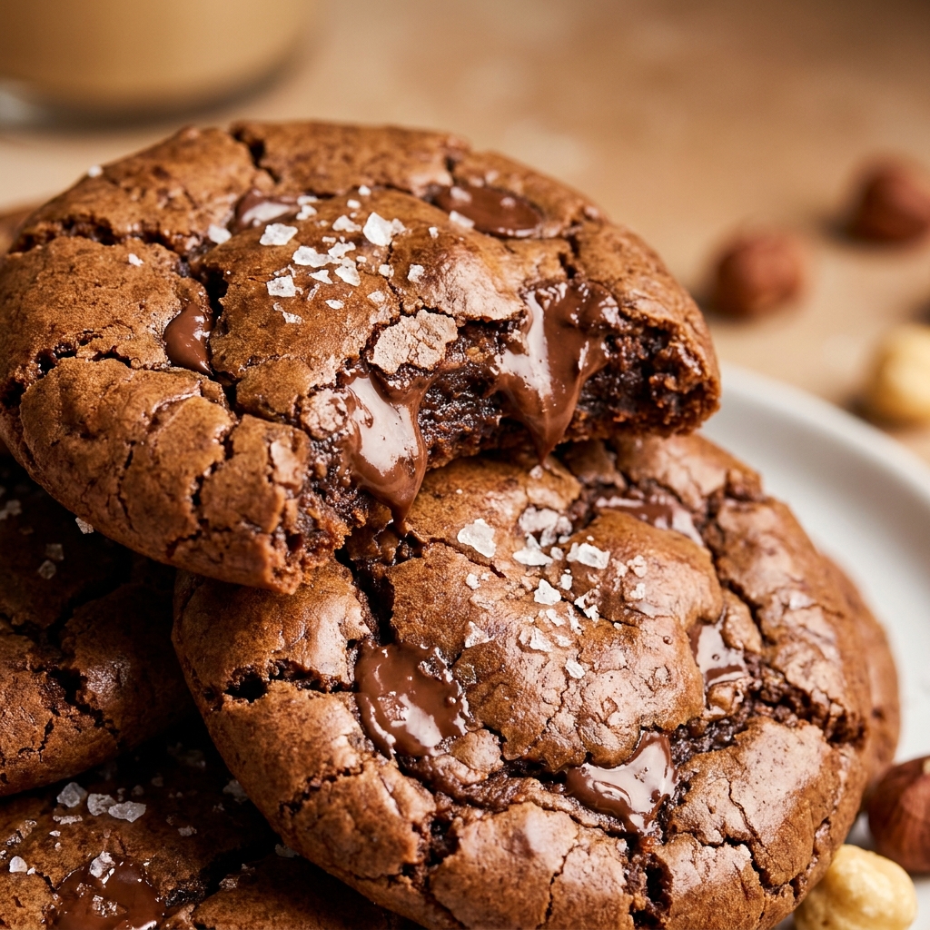 Stack of warm Nutella Cookies with flaky sea salt on a ceramic plate