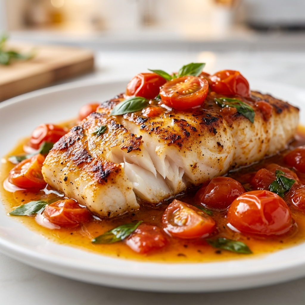 Cod fillets being seared golden in olive oil before adding tomato sauce