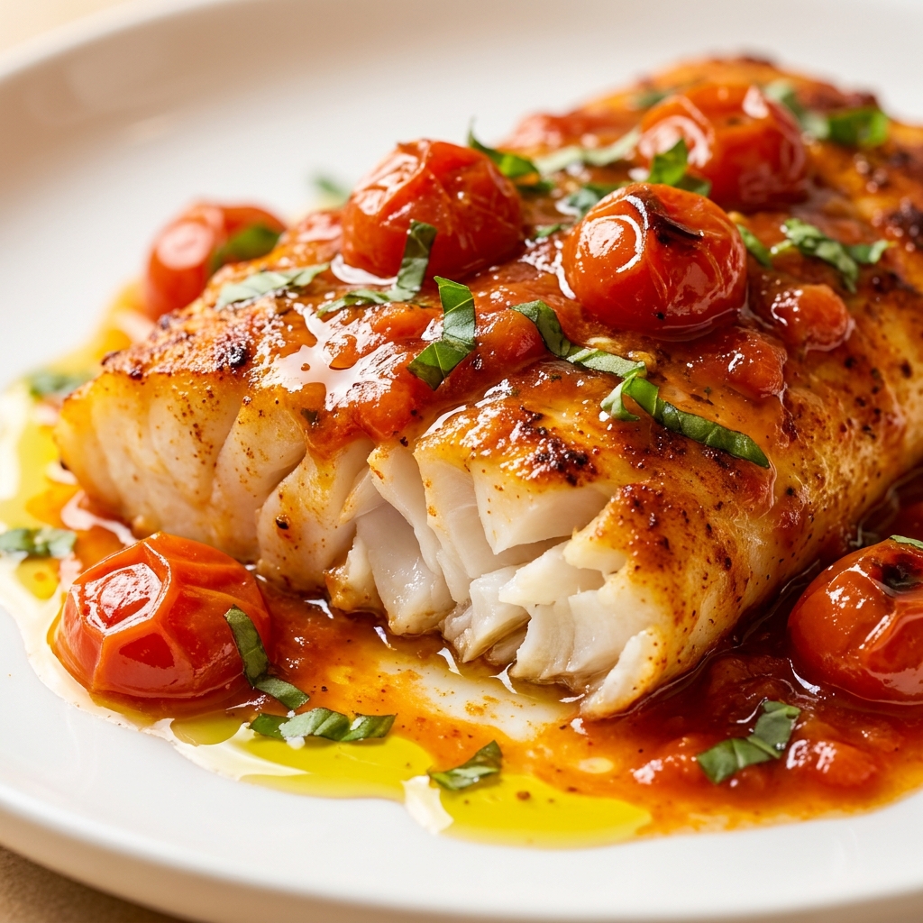 Finished Mediterranean cod in tomato basil sauce garnished with fresh basil and lemon