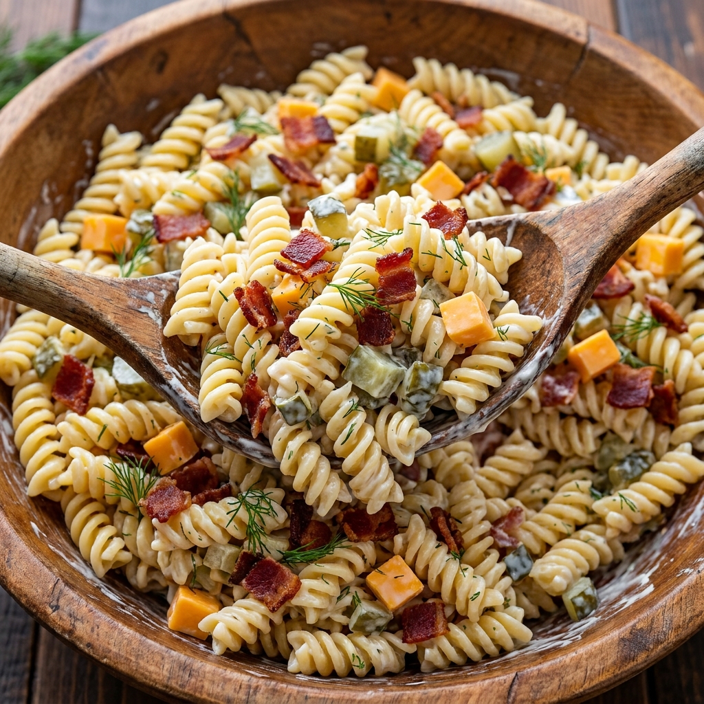 Bacon Pickle Pasta Salad Recipe With Creamy Tangy Dressing