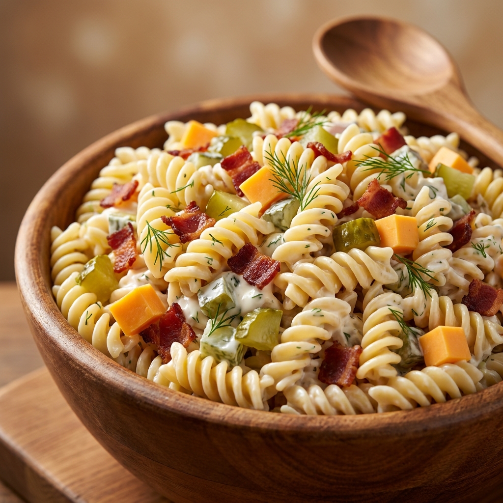 Close-up of Bacon Pickle Pasta Salad with glossy creamy coating and crispy bacon pieces