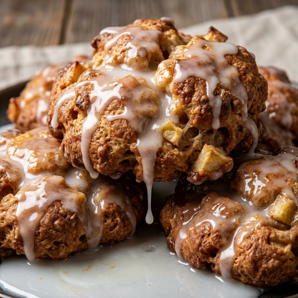 Glazed baked apple fritter with crisp golden edge and tender apple center on parchment.