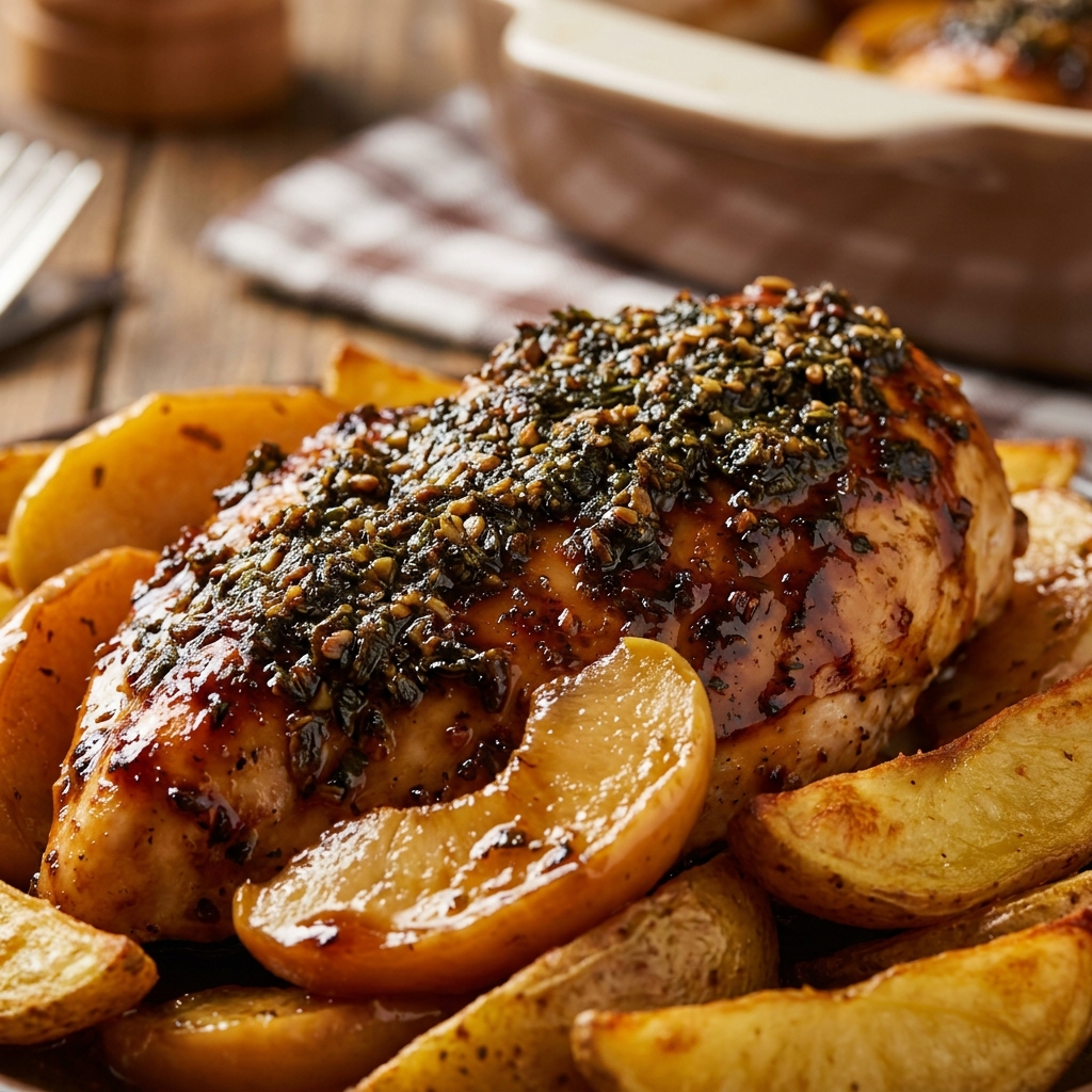 Brushing honey Dijon glaze over raw chicken breasts and apple slices in a baking dish