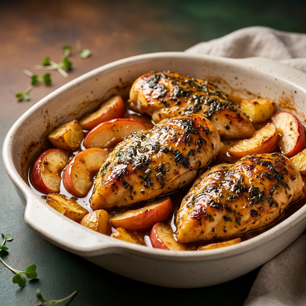 Finished Apple Honey Dijon Chicken Breasts with sticky golden glaze and soft caramelized apples on a white platter