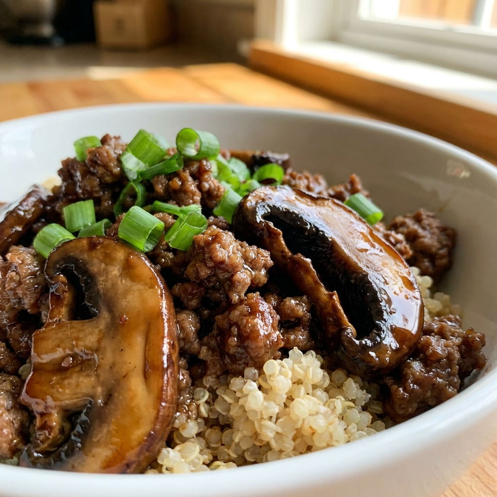 Browning beef and mushrooms in a skillet for beef bowl