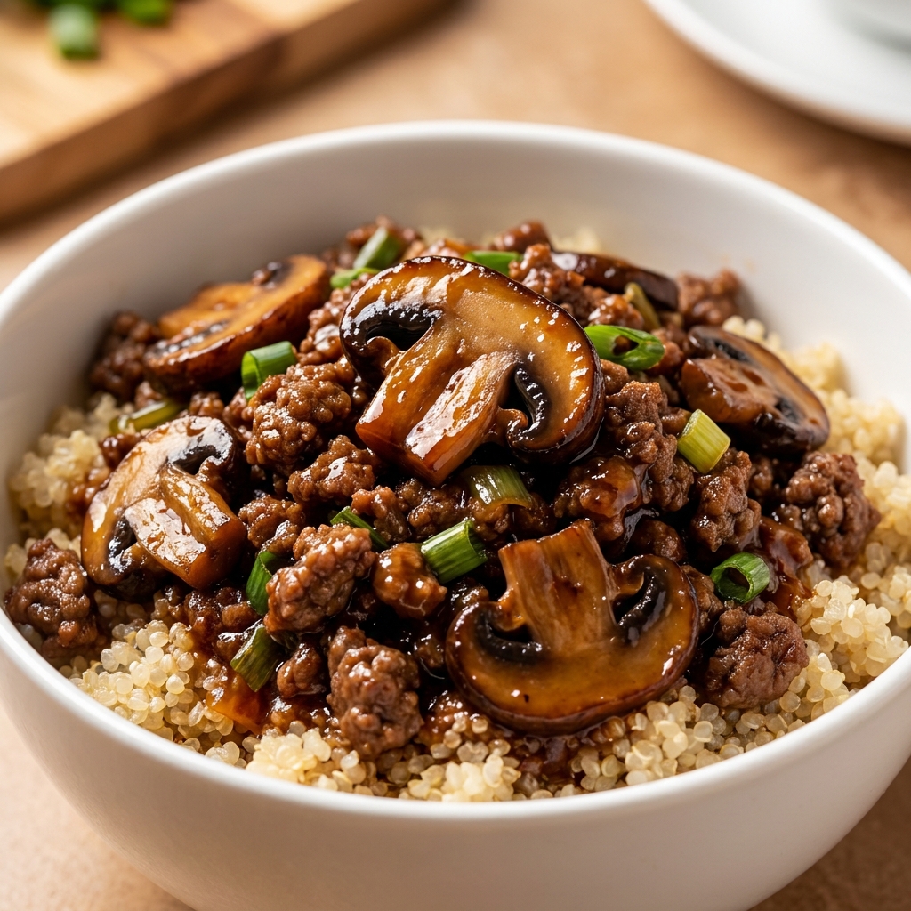 Finished beef bowl topped with mushrooms and green onions