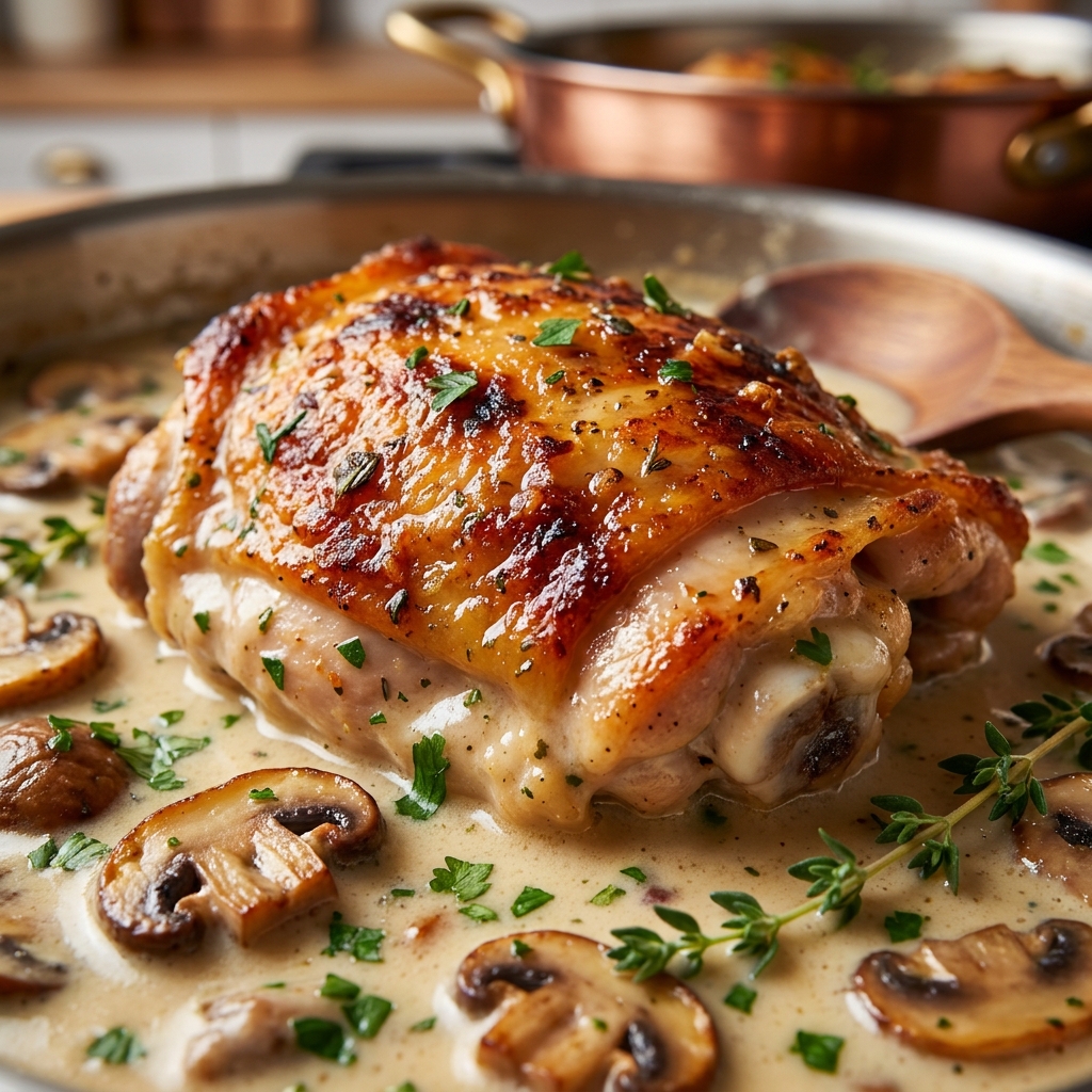 Chicken thighs searing golden brown in a large skillet for Braised Chicken Fricassé