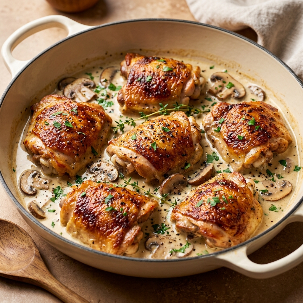 Finished Braised Chicken Fricassé in White Wine Sauce garnished with parsley and served with spoon