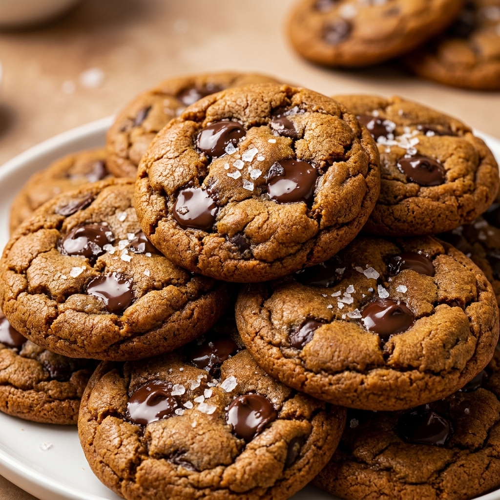 Stack of soft brown butter pumpkin chocolate chip cookies with crisp golden edges on a ceramic plate