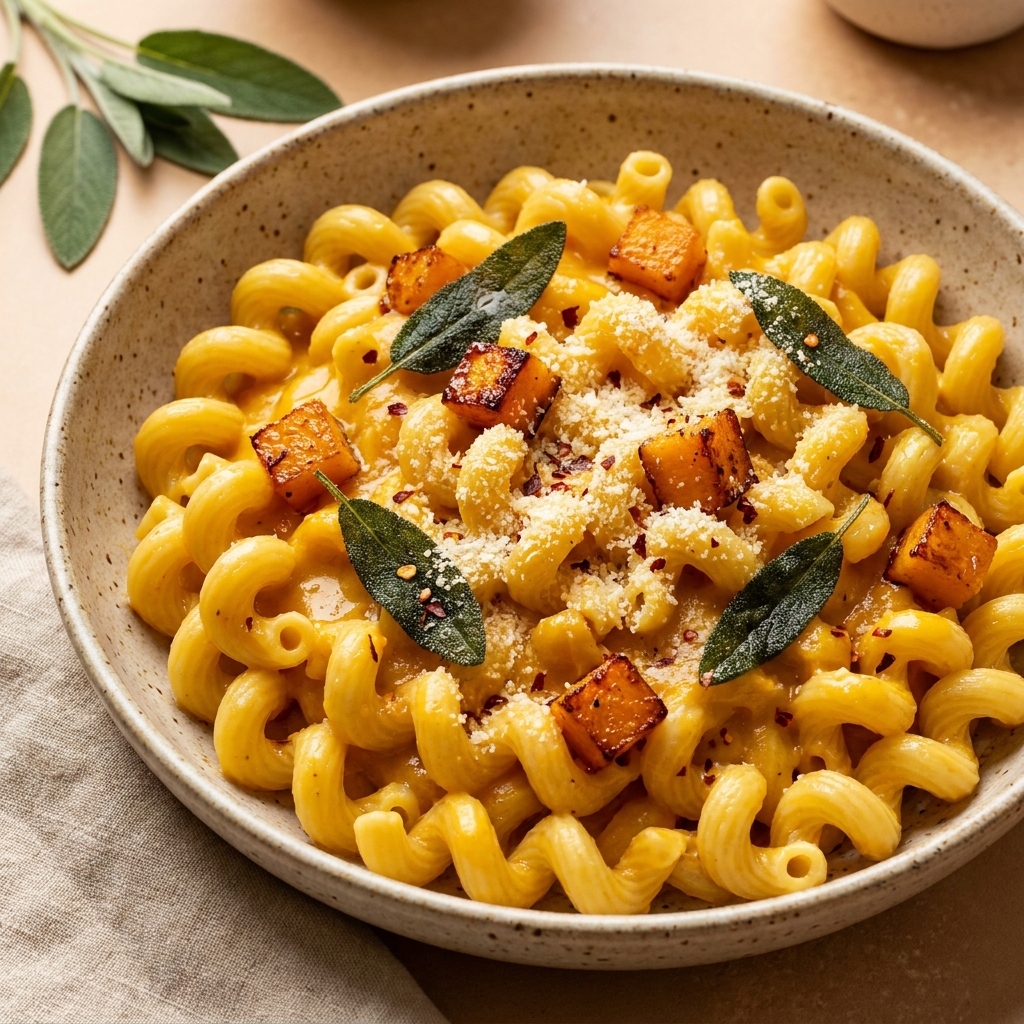 Golden butternut squash pasta topped with crispy sage and parmesan