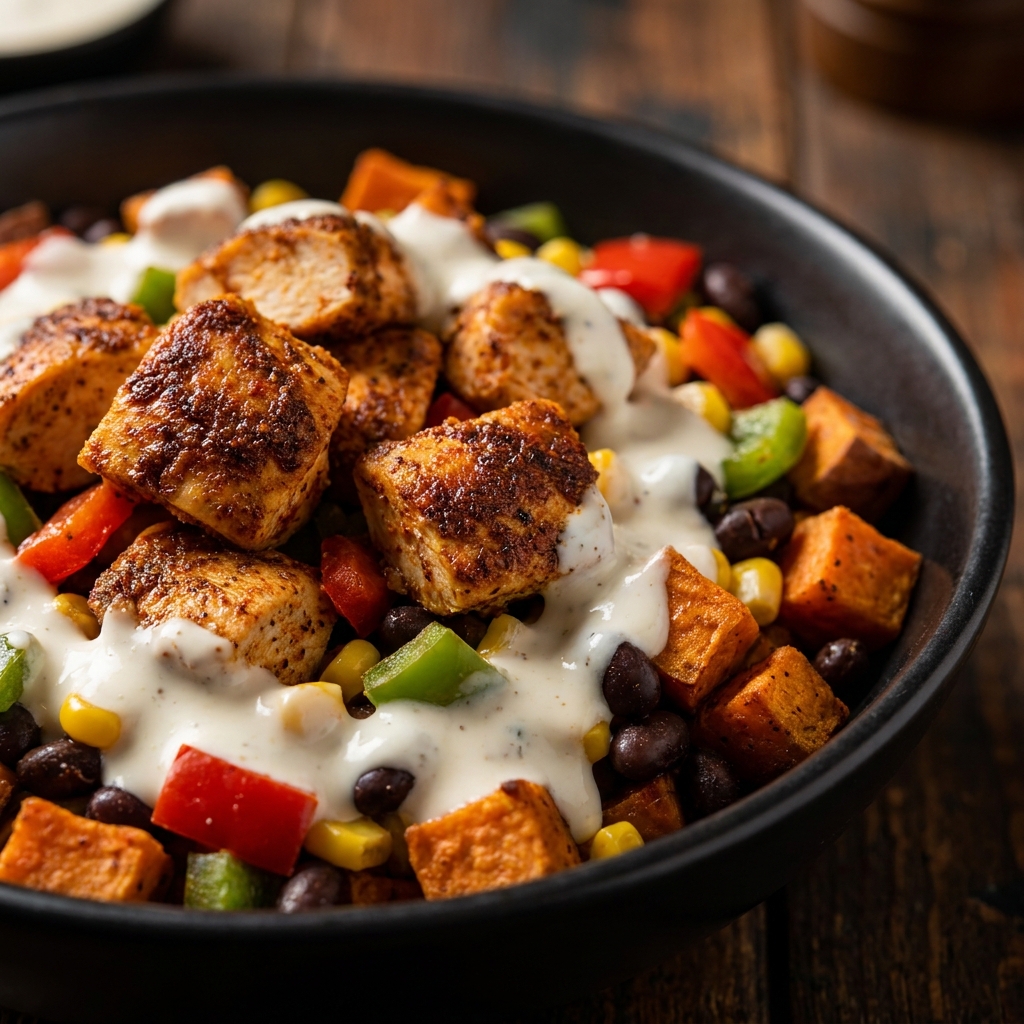 Raw sweet potato cubes and seasoned chicken thighs spread on parchment-lined sheet pan