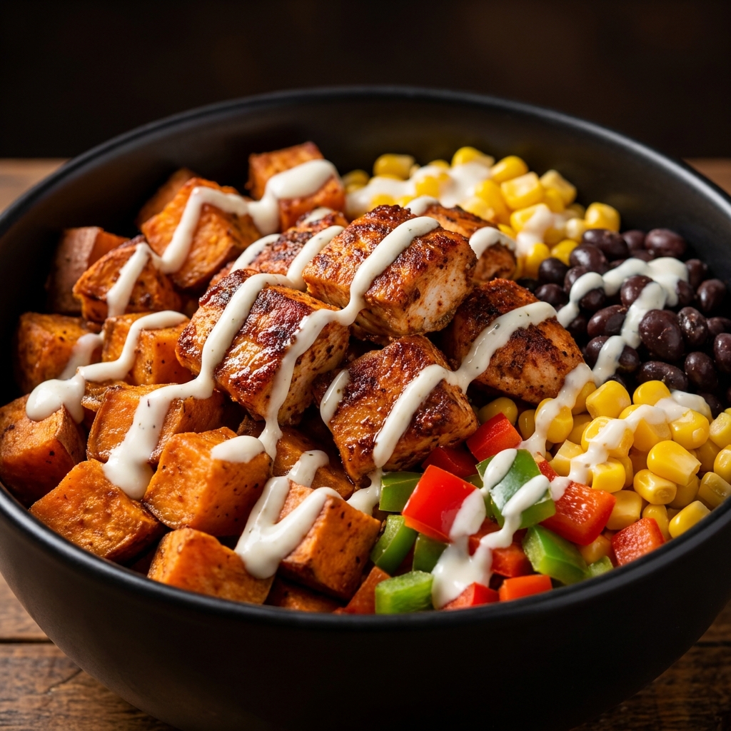 Finished Cajun chicken sweet potato bowl topped with green onions and creamy yogurt drizzle