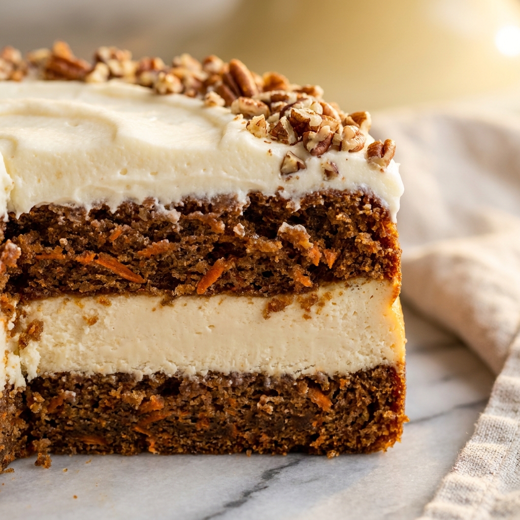 Sliced Carrot Cake Cheesecake showing distinct layers of spiced carrot cake and creamy cheesecake
