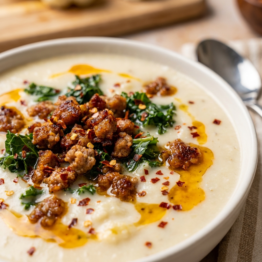 Browning Italian sausage in a Dutch oven for cauliflower kale soup