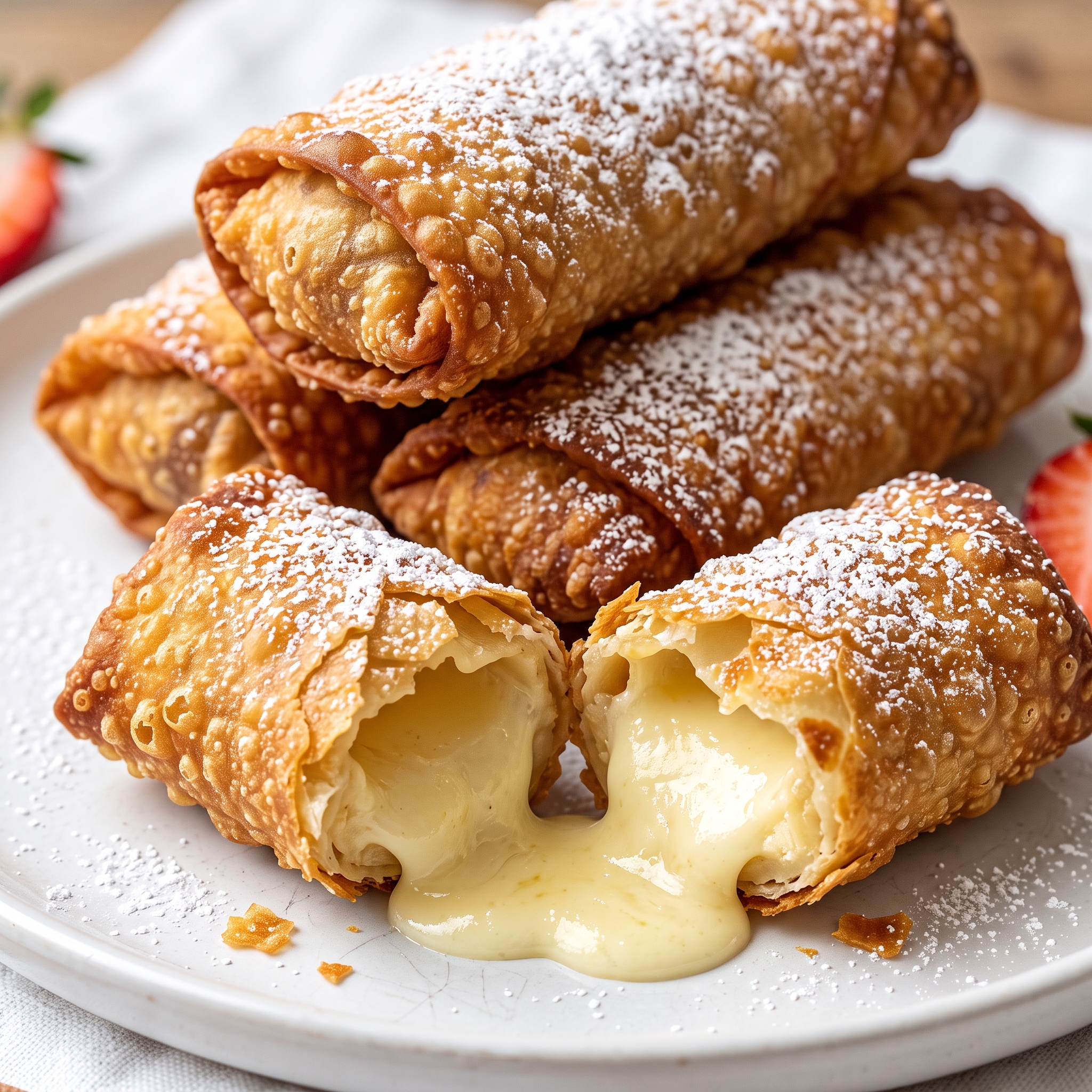 Crispy golden Cheesecake Egg Rolls dusted with powdered sugar on a slate plate