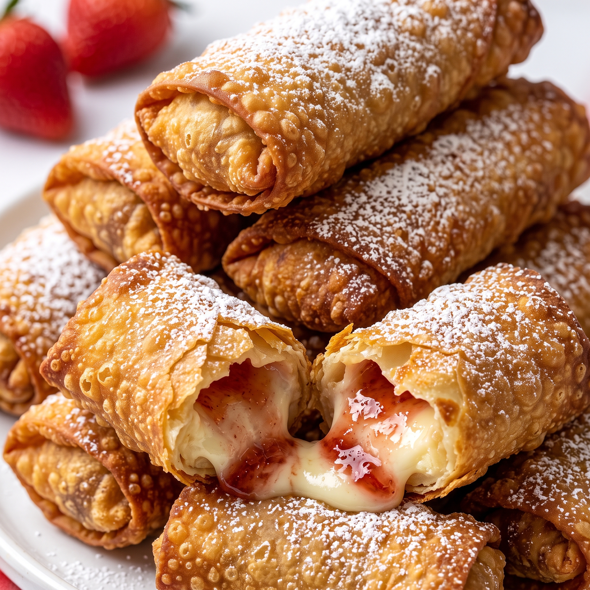 Cross-section of a Cheesecake Egg Roll showing creamy filling inside a crisp shell