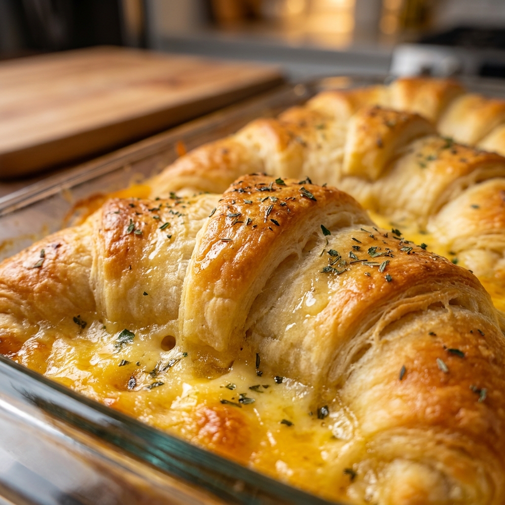 Spreading creamy chicken filling over crescent roll dough in a baking dish