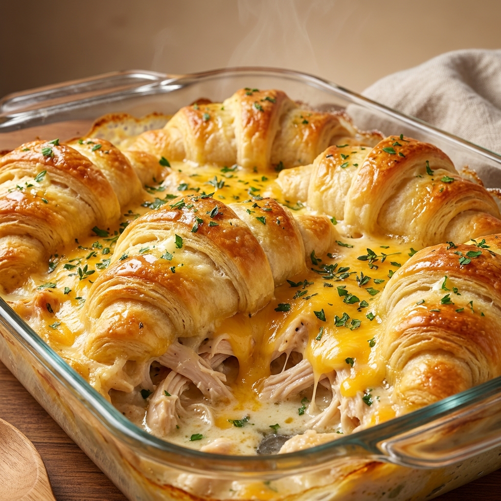 Slice of Chicken Crescent Roll Casserole showing flaky top crust and creamy cheesy chicken filling