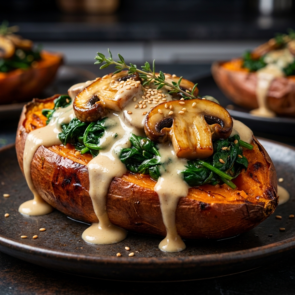 Stuffed Sweet Potatoes with Spinach & Mushrooms Recipe