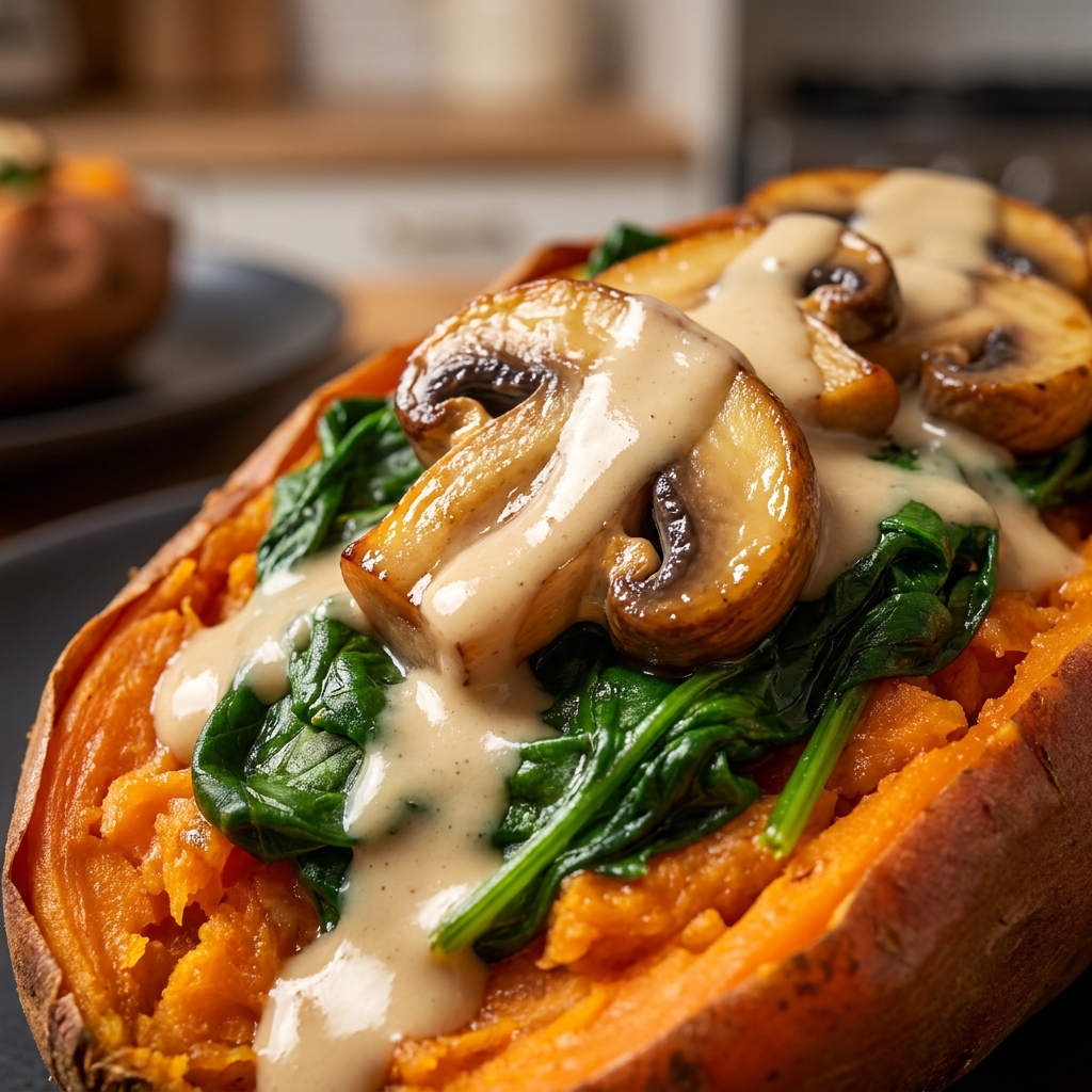 Browning cremini mushrooms in a dry cast iron skillet for stuffed sweet potatoes