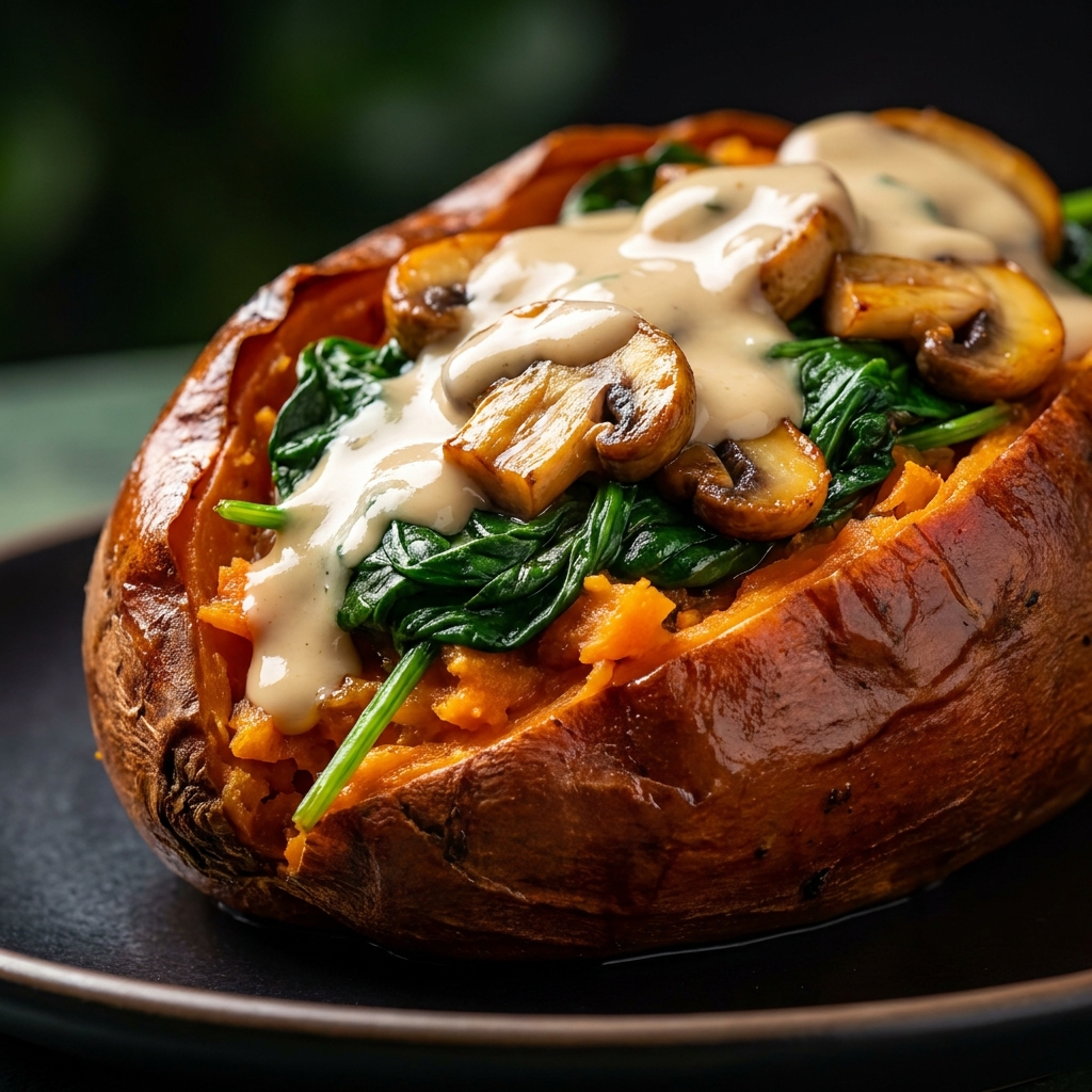 Stuffed Sweet Potatoes with golden melted goat cheese and crispy skins on a white plate