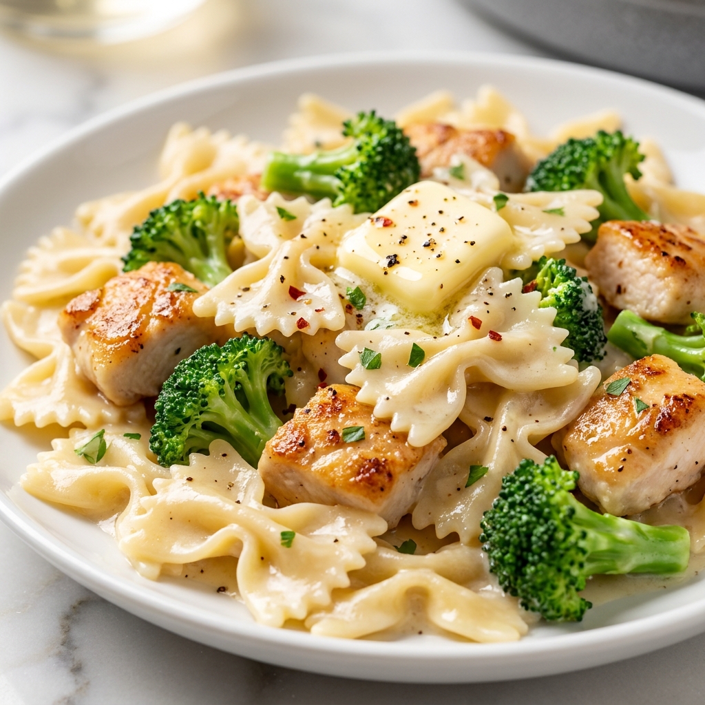 Finished Butter Lemon Bowtie Chicken pasta in a white bowl with lemon wedges and parsley
