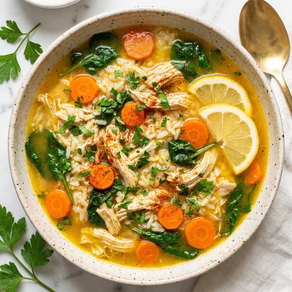 Cozy Fall Chicken & Rice Soup in a rustic bowl with fresh thyme garnish