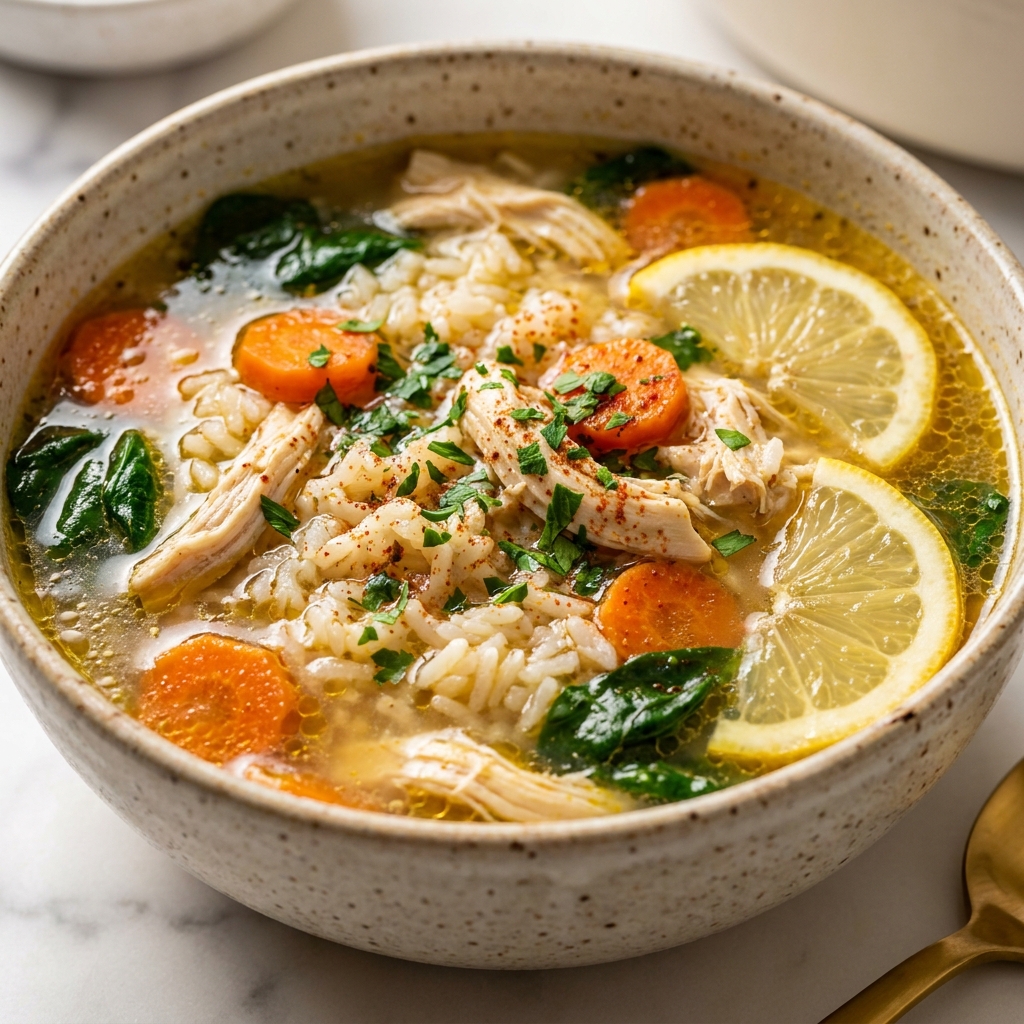 Creamy golden chicken and rice soup ladled into a bowl with fresh thyme