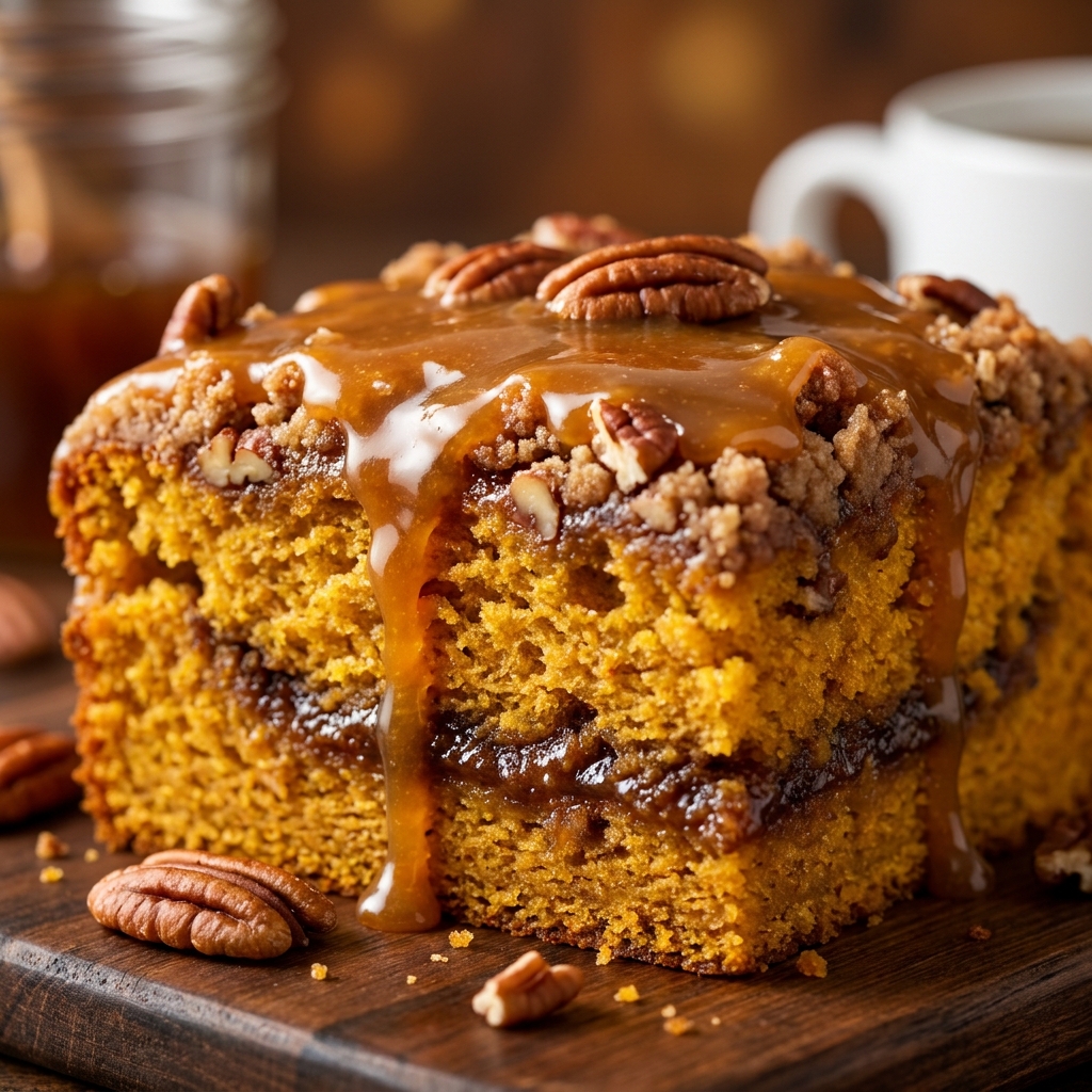 Sliced pumpkin coffee cake showing tender crumb and cinnamon streusel layers