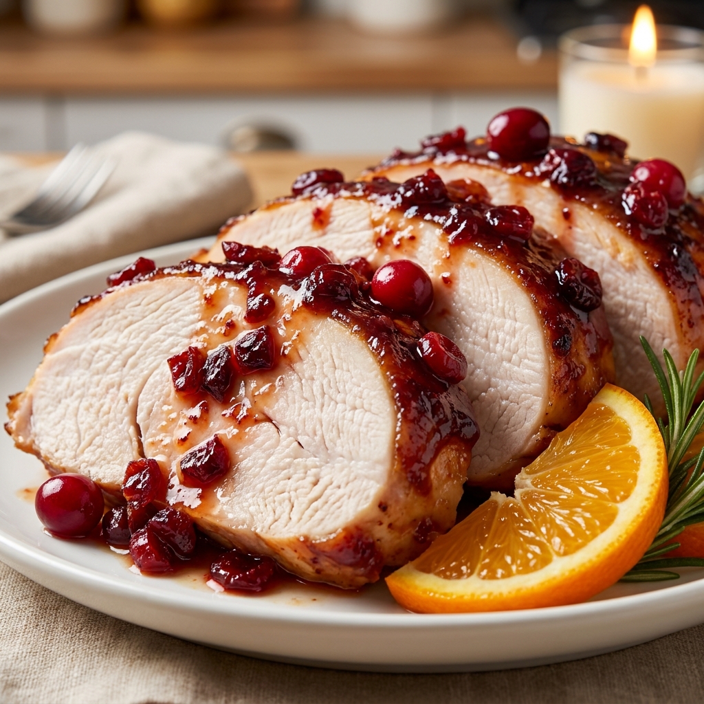 Drizzling cranberry orange glaze over roasting turkey breast in oven