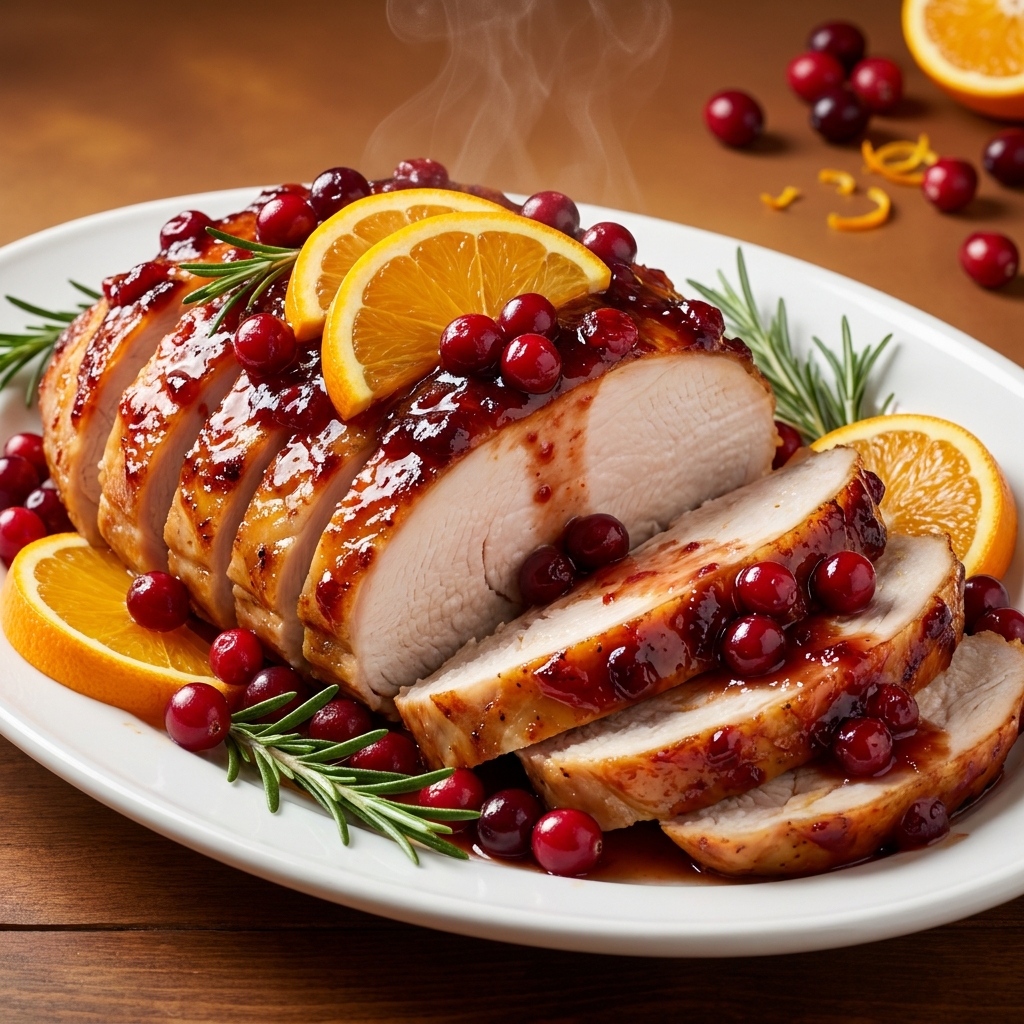 Sliced Cranberry Orange Turkey Breast on rustic board with herb garnish