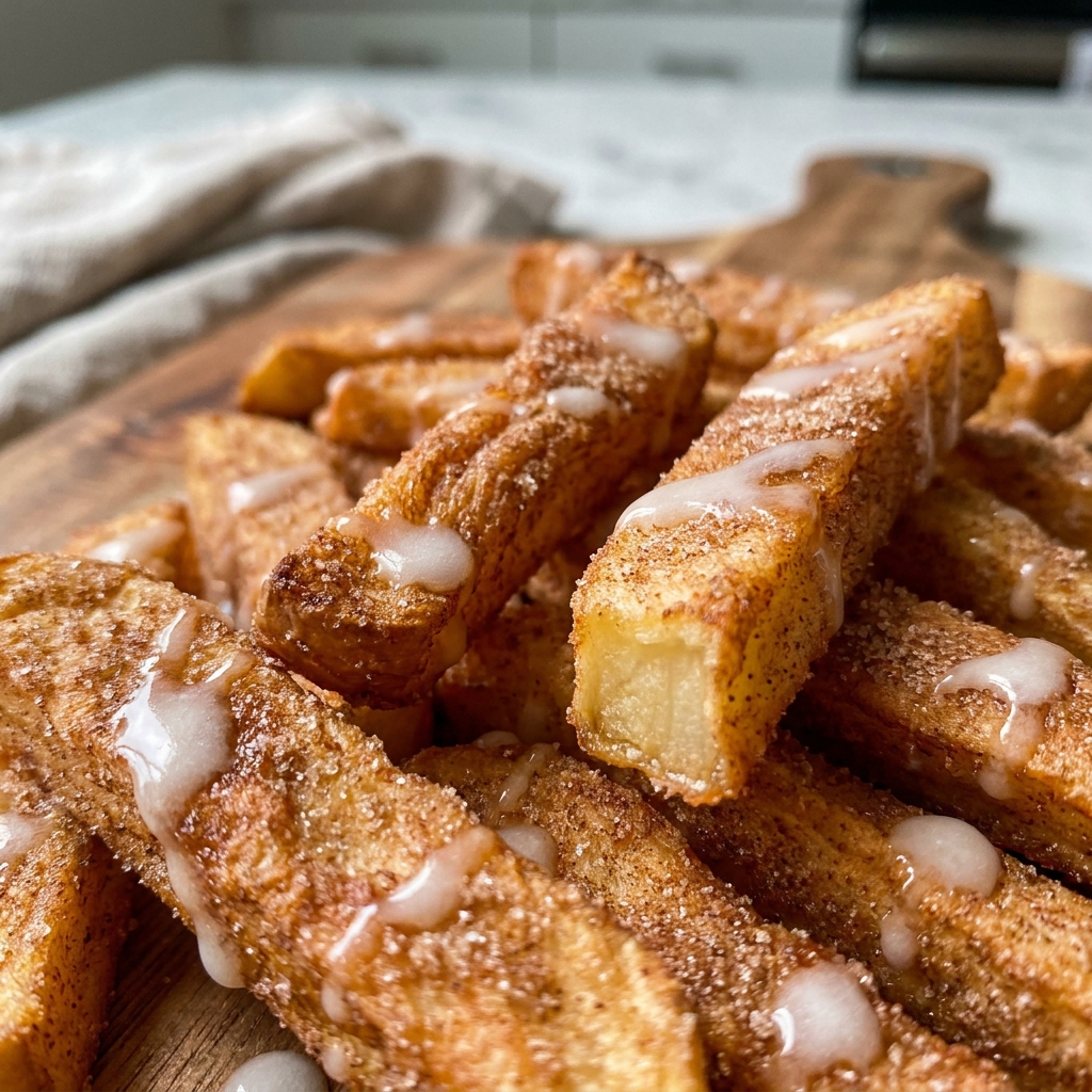 Golden crispy Air Fryer Apple Fries stacked with caramel dipping sauce
