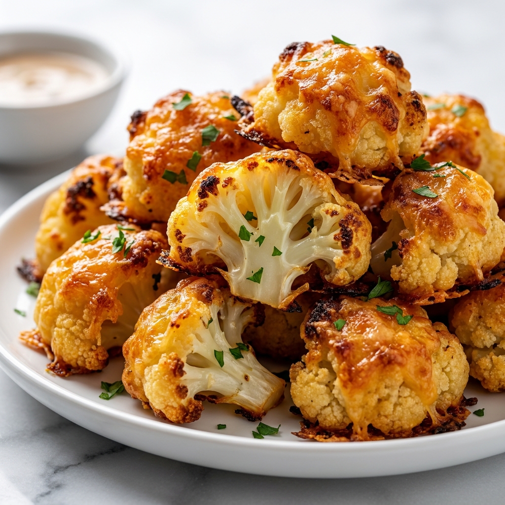 Golden crispy Parmesan Cauliflower Bites served with marinara dipping sauce