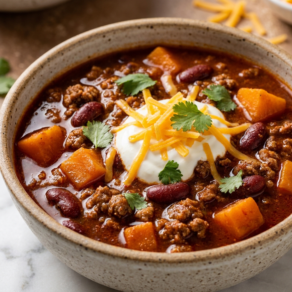 Thick smoky Crockpot Pumpkin Chili topped with sour cream and green onions