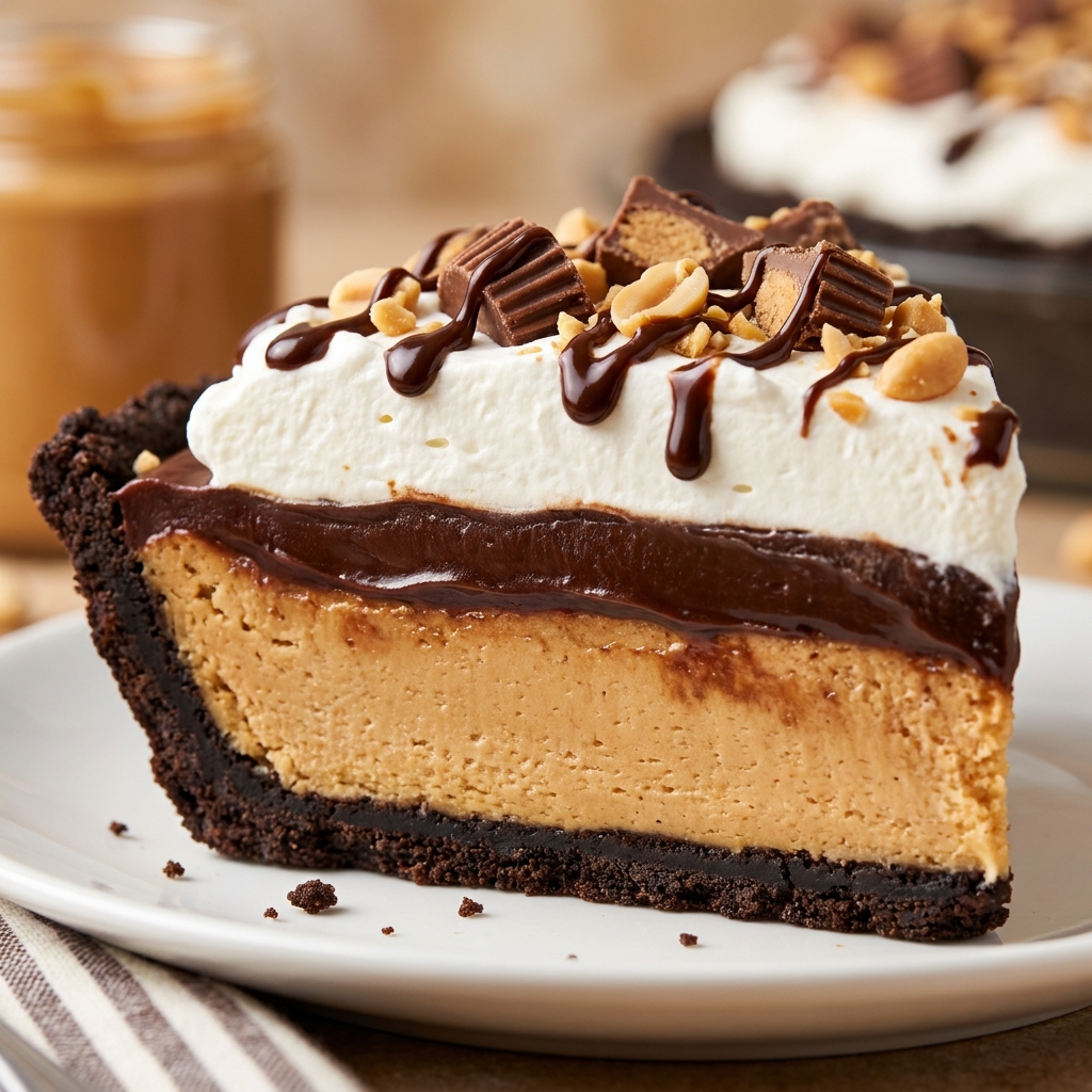 Sliced Dark Chocolate Peanut Butter Cake showing moist layers and frosting
