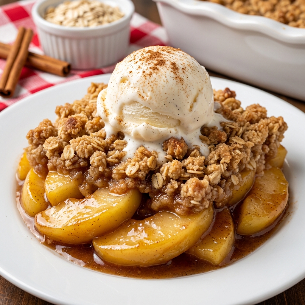 A bowl of warm apple crisp with a golden oat topping and a scoop of vanilla ice cream melting on top, dusted with cinnamon.