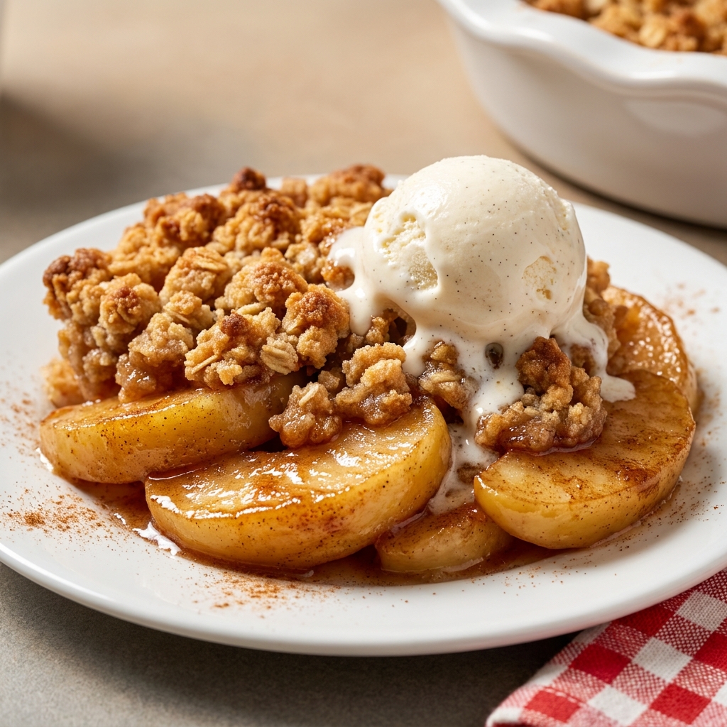 The finished apple crisp fresh from the oven, bubbling at the edges with a crisp, golden-brown topping and tender apple chunks visible.