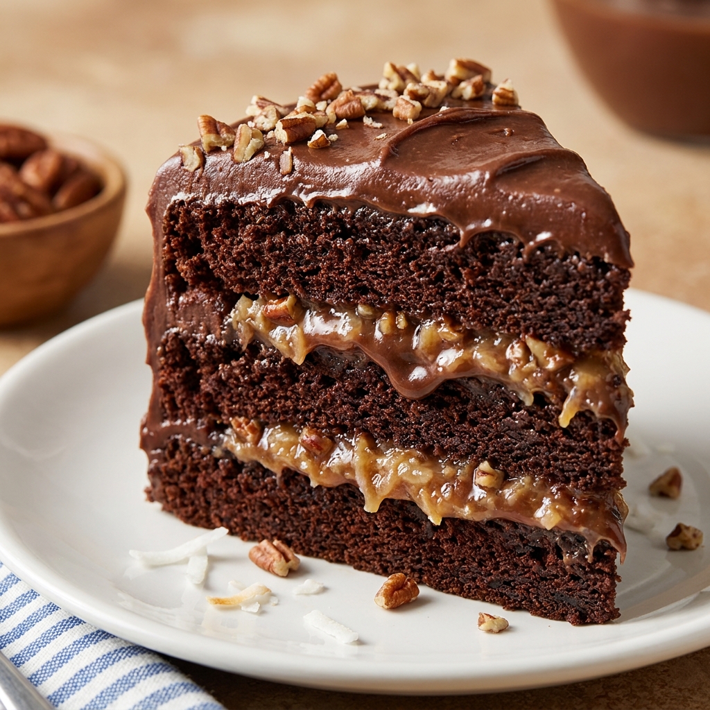 Scooped serving of German Chocolate Dump Cake showing layered coconut pecan and chocolate cake