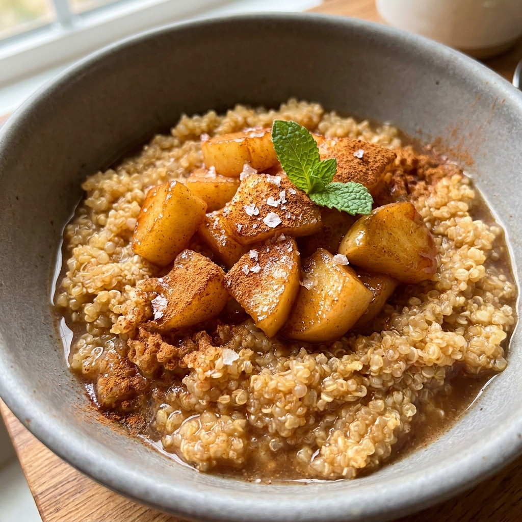 Cinnamon Apple Breakfast Quinoa in a white bowl topped with walnuts and apple slices