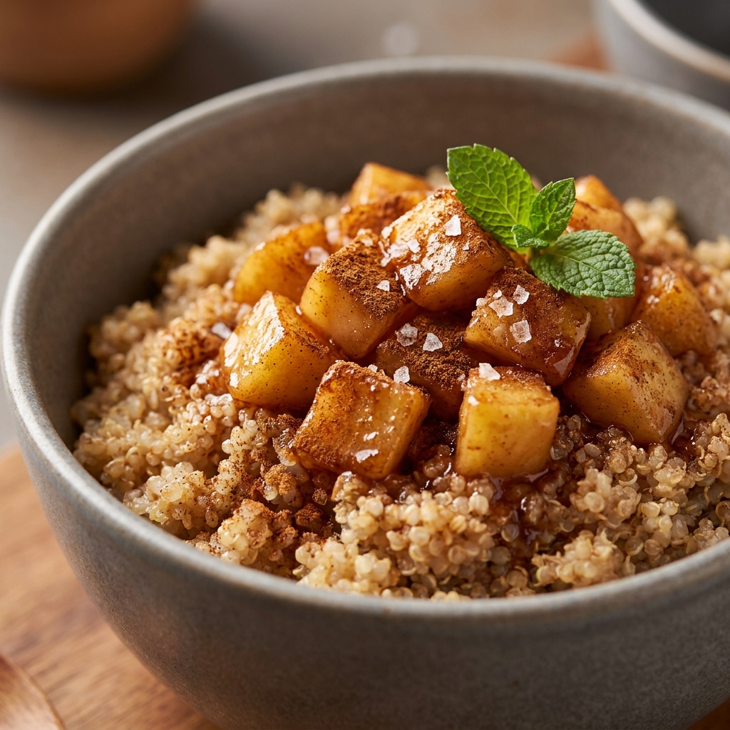 Cinnamon Apple Breakfast Quinoa served warm with Greek yogurt swirl