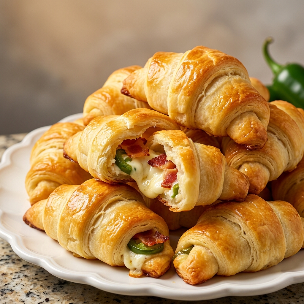 Close-up of crispy Jalapeño Popper Crescent Rolls split open to reveal molten cream cheese and jalapeño filling
