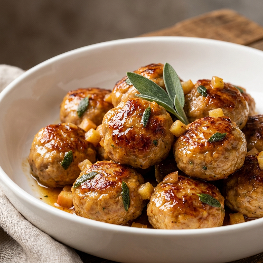 Plated apple and sage turkey meatballs drizzled with a light pan sauce, garnished with chopped parsley