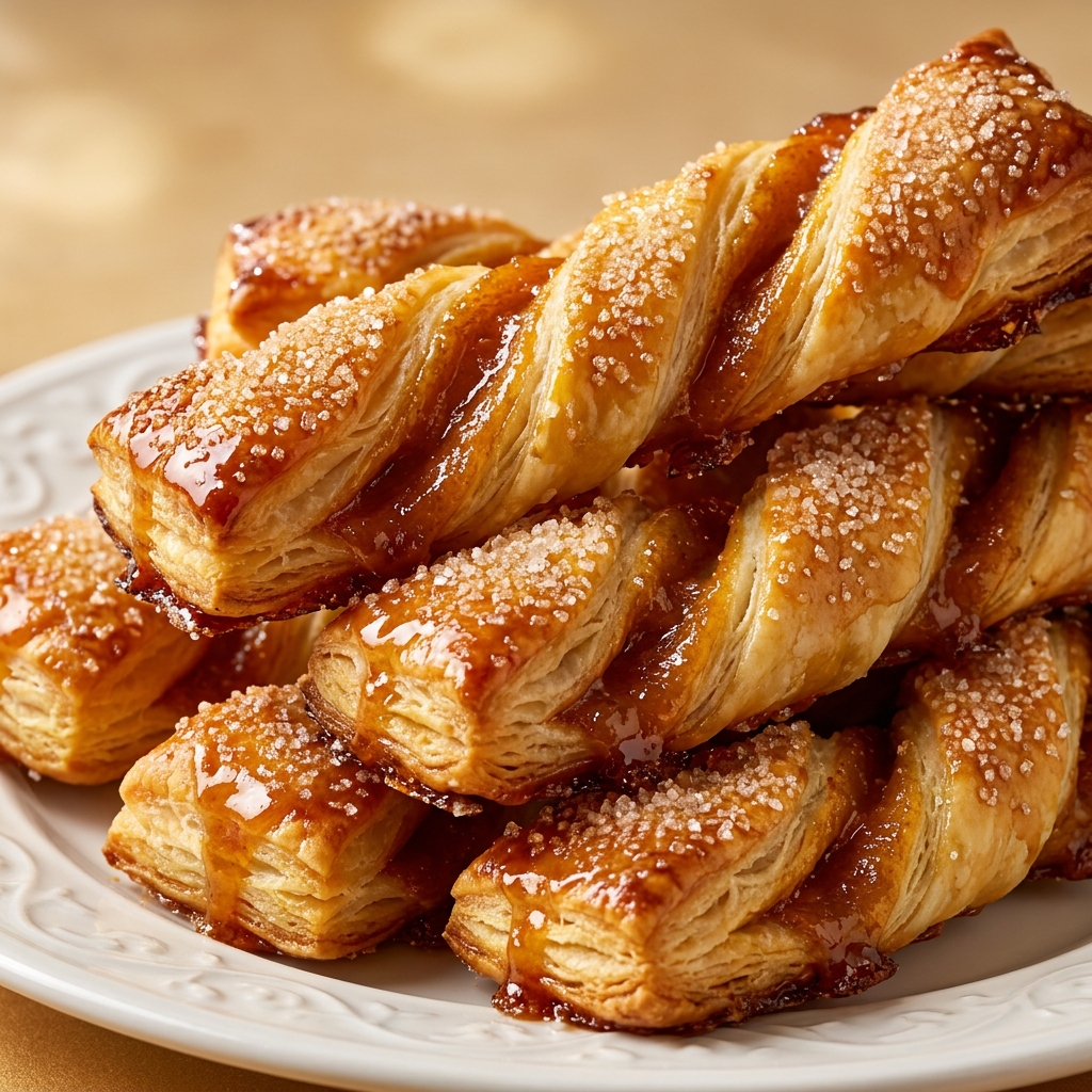 Close-up of flaky pumpkin pie twists showing crisp layered pastry and golden edges