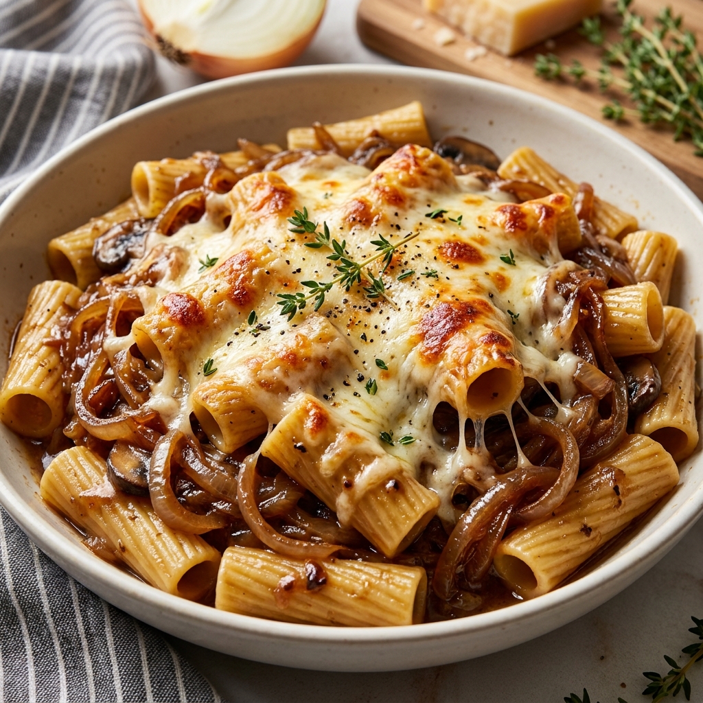 Creamy French Onion Pasta in a white bowl with golden-brown Gruyère cheese melted on top, fresh thyme garnish, and a fork twisting noodles.