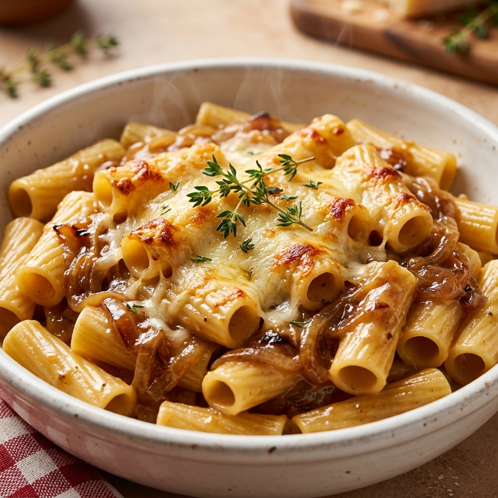 Overhead shot of finished French Onion Pasta in a serving dish, creamy sauce coating rigatoni, topped with crispy cheese edges.
