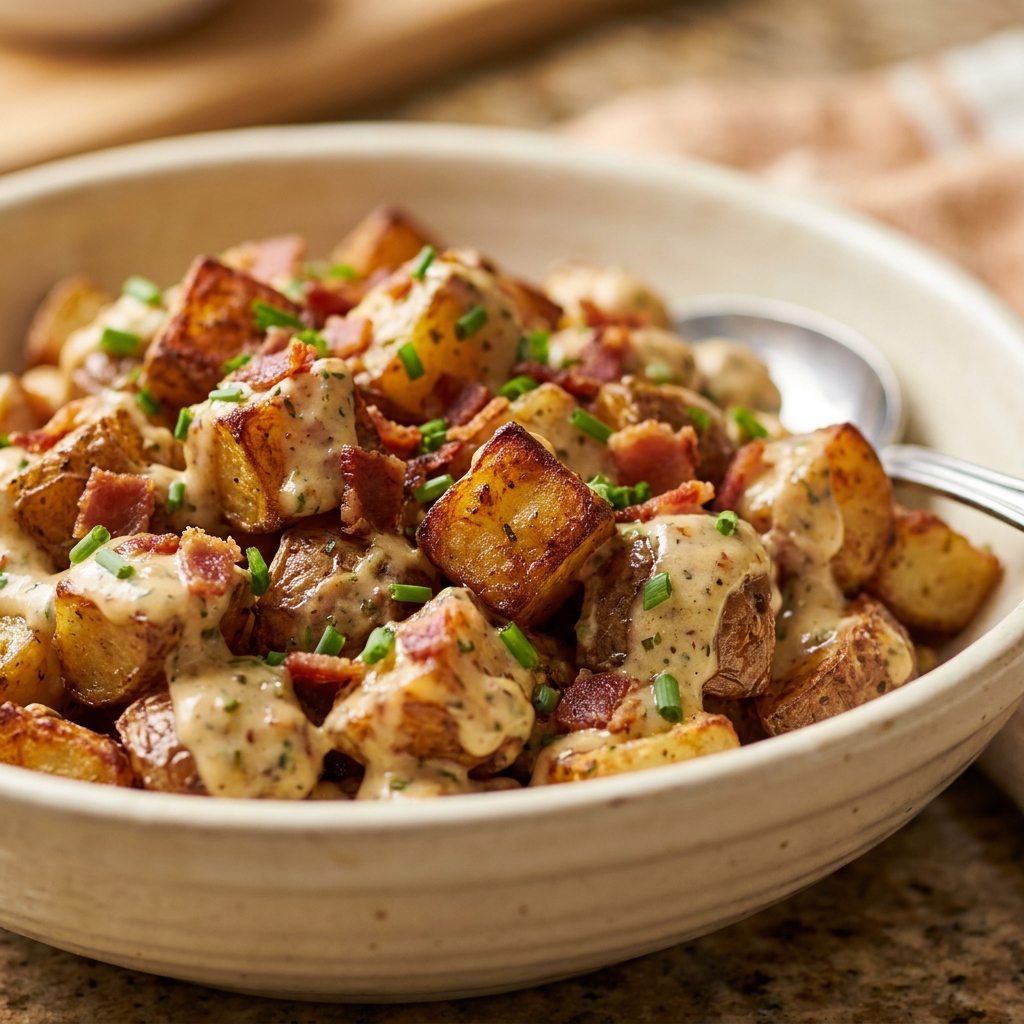 Slicing warm Yukon Gold potatoes for French-Style Potato Salad