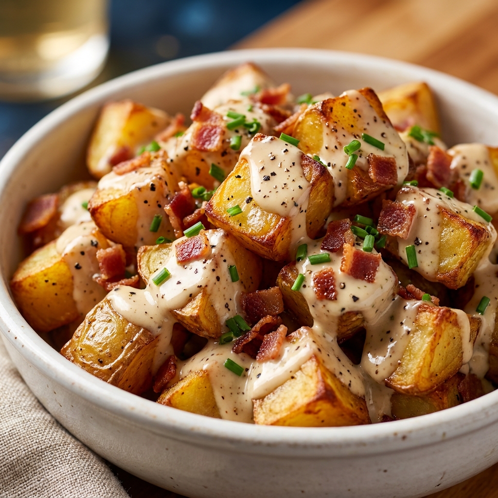 French-Style Potato Salad garnished with parsley and tarragon on a picnic table