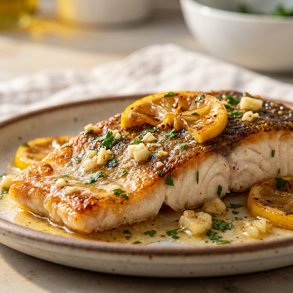 Barramundi fillets searing skin-side down in a hot cast iron pan with shimmering oil